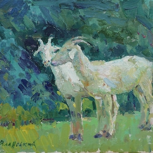 Cabras. Pintura original del artista ucraniano Yalansky A. 18-24 cm, óleo sobre lienzo sobre cartón, década de 2000