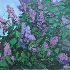 Lila. Pintura al óleo antigua original del realismo socialista Arte soviético Artista ucraniano Gribok D.K. 49-69 cm Óleo sobre cartón Años 70