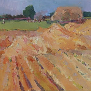 Dans les chaumes. Peinture originale de l'artiste ukrainien Yakovenko E. 33-48 cm, huile sur carton, année 1961