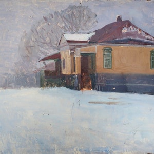 Paisaje Pintura al óleo antigua original del realismo socialista Arte soviético Artista ucraniano Gribok D.K. 48-69 cm Óleo sobre cartón Años 70