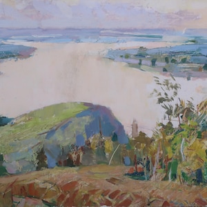 Boceto para la pintura. Paisaje ucraniano. Pintura original de la artista ucraniana Kryzhanovskaya M. 32-47 cm, óleo sobre cartón.