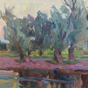 Lune et saules.Peinture originale de l'artiste ukrainien Chernov L. 34-44 cm, huile sur carton, année 1964