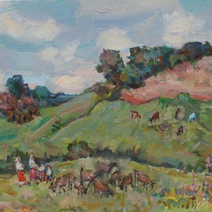 Paisaje rural. Pintura original del artista ucraniano Chernov L. 33-48 cm, óleo sobre cartón, año 1963