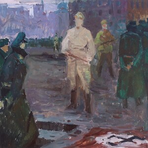 Soldaten.Ukrainischer Künstler Shurupov K. 49-49 cm, Öl auf Pappe, 70er Jahre