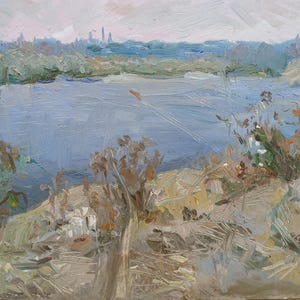 Paisaje. Pintura original del artista ucraniano Zakharov A. 24-28 cm, óleo sobre cartón, década de 1970.