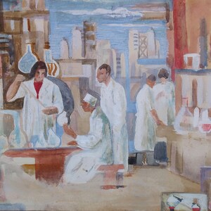 Auxiliares de laboratorio. Pintura original del artista ucraniano Zakharov A. 18-20 cm, cartón, técnica mixta, década de 1970.