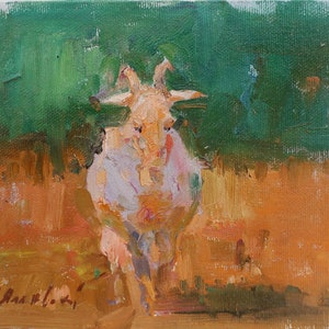 Cabra. Artista ucraniano Yalansky A.15-20 cm, óleo sobre lienzo sobre cartón