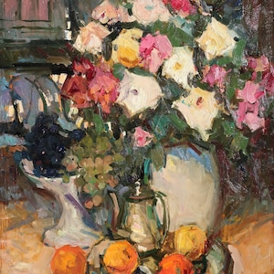 Evening still life. Oil painting original socialist realism Ukrainian artist Tolochko V. 82-64 cm oil on canvas 1970s