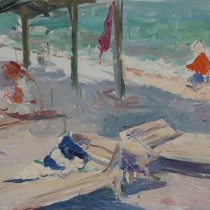 Sur la plage. Artiste ukrainienne Hitrova T. 23-32 cm, huile sur carton, années 1960