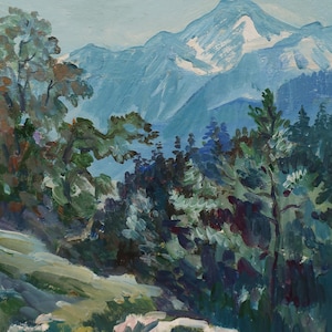 Paisaje. Pintura original de la artista ucraniana Zakharova, 31-21 cm de largo, óleo sobre cartón, década de 1980.