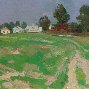 Paisaje rural. Pintura al óleo original del artista ucraniano Danilenko T. 15-19 cm cartón óleo década de 1970