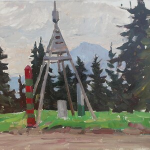Paysage. Peinture originale de l'artiste ukrainien Sogoyan V. 49-69 cm, huile sur carton, années 1960