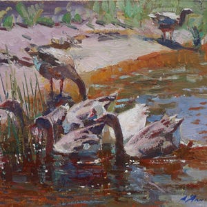Gansos. Pintura original del artista ucraniano Yalansky A. 25-35 cm, óleo sobre cartón, década de 2000