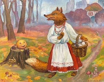 Fairy tale Kolobok. Oil painting original Ukrainian artist Adamkevich E. 80-100 cm oil on canvas 1982year