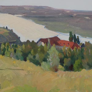 Paisaje. Pintura original del artista ucraniano Slipchenko N. 17-25 cm, óleo sobre cartón, año 1957
