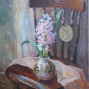 Naturaleza muerta. Pintura al óleo original del artista ucraniano Voziyanov A. 49-39 cm, óleo sobre cartón, década de 1990.