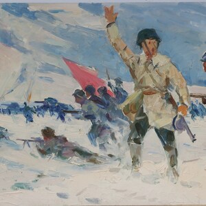 A l'attaque. Artiste ukrainienne Shurupov K. 39-39 cm, huile sur carton, années 1970