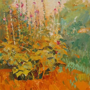 Malvas. Pintura original del artista ucraniano Yalansky A. 38-28 cm, óleo sobre lienzo sobre cartón