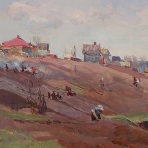 Paisaje rural. Pintura original del artista ucraniano Chernov L. 30-41 cm, óleo sobre cartón, año 1953