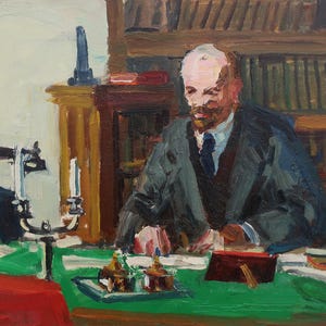 Lenin en su despacho. Pintura original del artista ucraniano Shurupov K. 27-41 cm, óleo sobre cartón, década de 1970