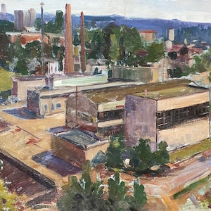 Paisaje industrial. Pintura al óleo original del realismo socialista del artista ucraniano Bogdanov V. 52-70 cm cartón óleo década de 1970