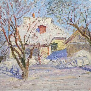 Paisaje. Pintura al óleo original del realismo socialista de la artista ucraniana Syrovatka D. 35-50 cm cartón óleo década de 1970