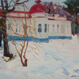 Altes Herrenhaus.Original-Gemälde vom Ukrainischen Künstler Kryzhanov fest M. 35-49 cm, Öl auf Leinwand auf Karton, 1973 Jahr