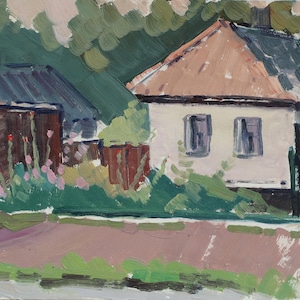 Paisaje. Pintura original de la artista ucraniana Zakharova, 24-33 cm de largo, óleo sobre cartón, década de 1980.