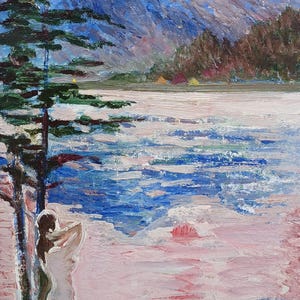 Paisaje. Pintura original de la artista ucraniana Zakharova, 38-21 cm de largo, óleo sobre cartón, década de 1980.
