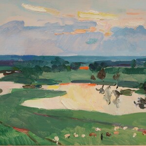 Landschaft.Original Gemälde des Ukrainischen Künstlers Kryzhanovskaja M. 34-48 cm, Öl auf Pappe, 1965 Jahr