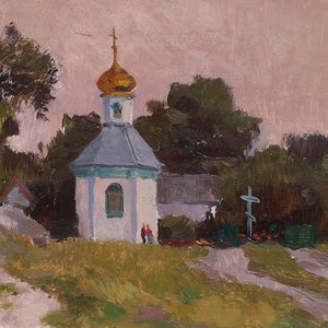 Esquisse avec une église. Artiste ukrainienne Koshel A.16-22 cm, huile sur carton, année 1990