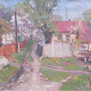 Rural landscape. Oil painting original socialist realism Ukrainian artist Basanets P. 49-69 cm oil on canvas 1970s