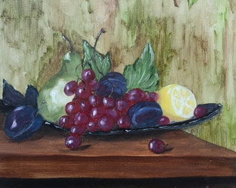 Basket with fruits and berries. Oil painting original Ukrainian artist Nikolaeva A. 30-30 cm hardboard oil