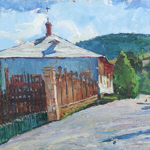 La casa de Pushkin. Pintura al óleo antigua original del realismo socialista Arte soviético Artista ucraniano Gribok D.K. 35-50 cm Óleo sobre cartón 1975