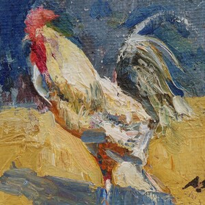 Gallo. Artista ucraniano Yalansky A.10-13 cm, óleo sobre lienzo sobre cartón