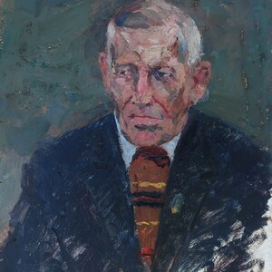 Retrato de un hombre. Pintura al óleo antigua original del realismo socialista Arte soviético Artista ucraniano Gribok D.K 69-49 cm Óleo sobre cartón Años 70