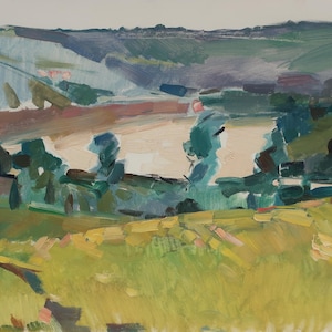 Paisaje. Pintura original de la artista ucraniana Kryzhanovskaya M. 32-47 cm, óleo sobre cartón, año 1968