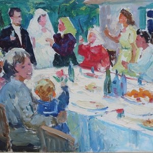 Mariage. Artiste ukrainienne Hitrova T. 26-36 cm, huile sur carton, années 1960