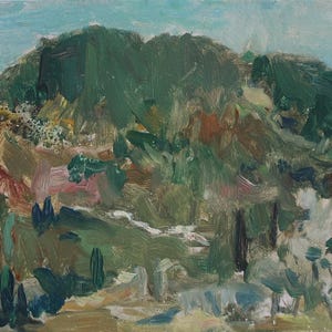 Paisaje. Pintura original del artista ucraniano Yatsenko V. 14-29 cm, óleo sobre cartón, década de 1960.