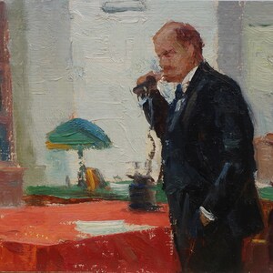Lenin en su despacho. Artista ucraniano Shurupov K. 21-29 cm, óleo sobre cartón, 1970.