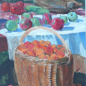 Pescado y melocotones. Pintura al óleo antigua original del realismo socialista Arte soviético Artista ucraniano Gribok D.K. 80-50 cm Óleo sobre cartón Años 80