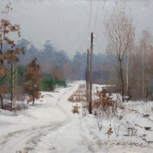 Paisaje invernal. Pintura al óleo antigua original del socialismo del arte soviético. Artista ucraniano Kirichenko S.A. 34-49 cm Óleo sobre cartón Años 70