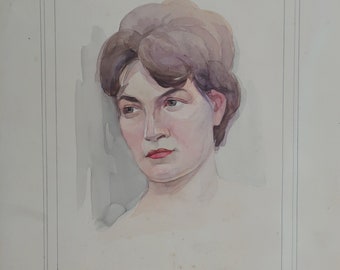 Portrait of a girl. Antique painting of the original Socialist realism of the Ukrainian artist Sinelnikov Y. paper mixed technics 40-30 cm