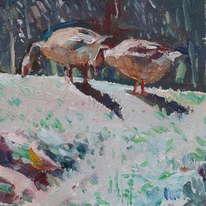 Gansos. Pintura original del artista ucraniano Yalansky A. 24-18 cm, óleo sobre lienzo sobre cartón, década de 2000