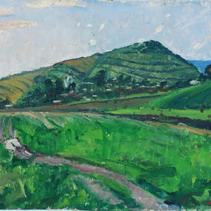 Paisaje. Pintura al óleo antigua original del realismo socialista Arte soviético Artista ucraniano Gribok D.K. 50-70 cm Óleo sobre cartón Años 70