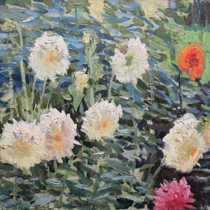 Flores. Pintura al óleo antigua, original del realismo socialista del arte soviético, del artista ucraniano Tarasenko V.S. 33-46 cm óleo sobre cartón, década de 1970