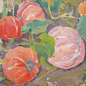 En el jardín. Pintura original del artista ucraniano Tomenko G. 49-69 cm, óleo sobre cartón, década de 1970.