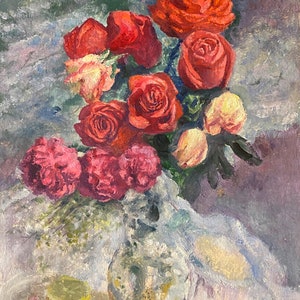 Naturaleza muerta. Pintura al óleo original del artista ucraniano Kozhekov A. 49-35 cm cartón óleo década de 1980