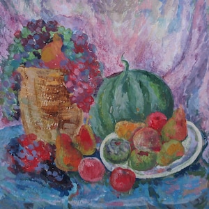 Naturaleza muerta. Pintura original de la artista ucraniana Zakharova L. 19-19 cm, cartón, técnica mixta, década de 1970.