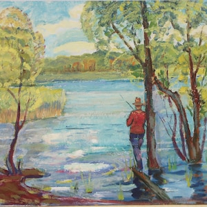 Pesca. Artista ucraniano Nesterov V. 47-61 cm, óleo sobre cartón, década de 1980